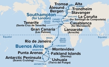 Map shows port stops for Ultimate Pole-to-Pole Odyssey. For more details, refer to the List of Port Stops table on this page.
