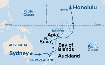 Map shows port stops for Tahiti, Hawaii & South Pacific Crossing. For more details, refer to the List of Port Stops table on this page.