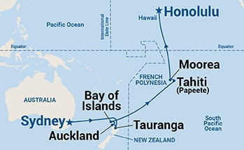 Map shows port stops for Tahiti, Hawaii & South Pacific Crossing. For more details, refer to the List of Port Stops table on this page.
