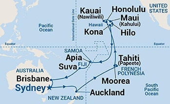 Map shows port stops for Tahiti, Hawaii & South Pacific. For more details, refer to the List of Port Stops table on this page.