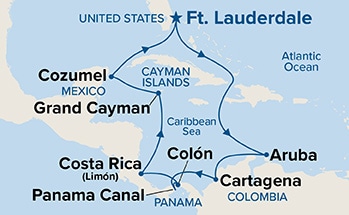 Map shows port stops for Panama Canal with Costa Rica & Caribbean. For more details, refer to the List of Port Stops table on this page.