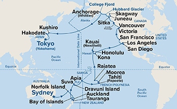 Map shows port stops for Circle Pacific Liner (Sydney to Tokyo). For more details, refer to the List of Port Stops table on this page.